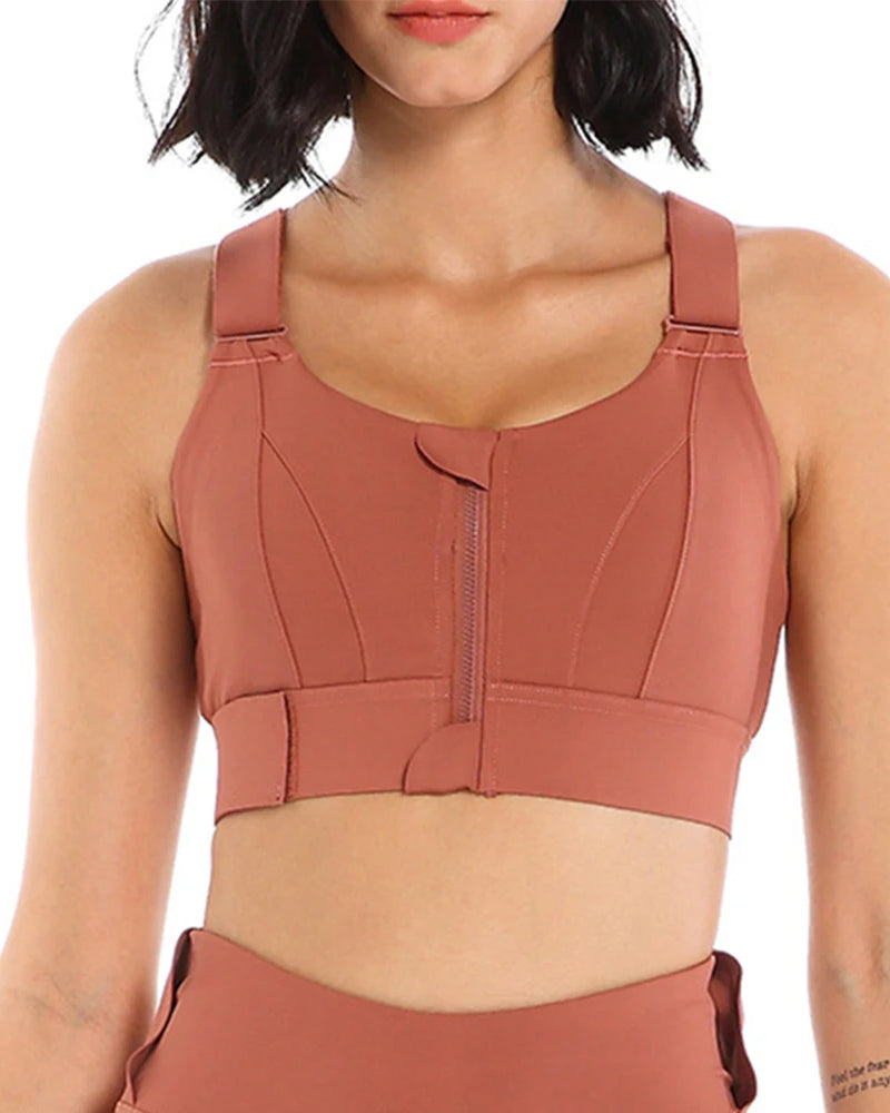 Women's Zipper Front High-Strength Support Adjustable Straps Cross Back Short Fitness Sports Bra